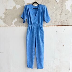 Vtg 80s Jumpsuit Jacquard Blue Satin LTD by Roberta USA Made Retro Glam Women M